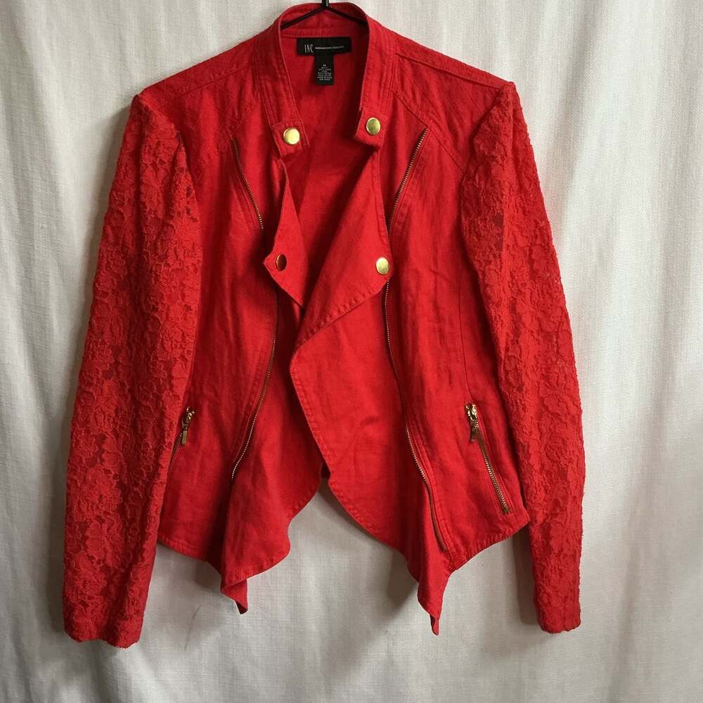 INC International Concepts Red Linen Moto Jacket with Lace Sleeves